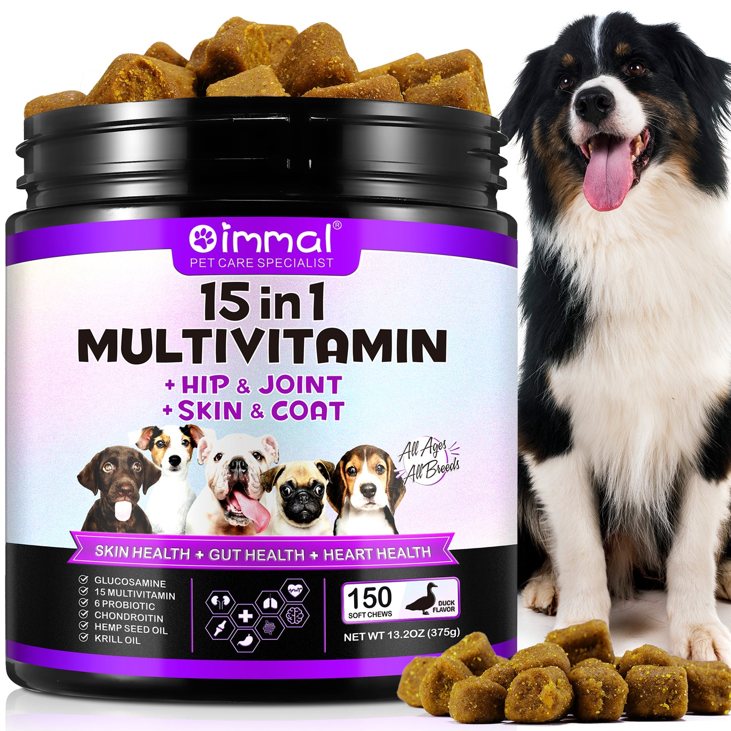 150 Friandises Molles — Oimmal 15-en-1 Multivitamine pour Chien — Hanches, Articulations, Peau & Pelage